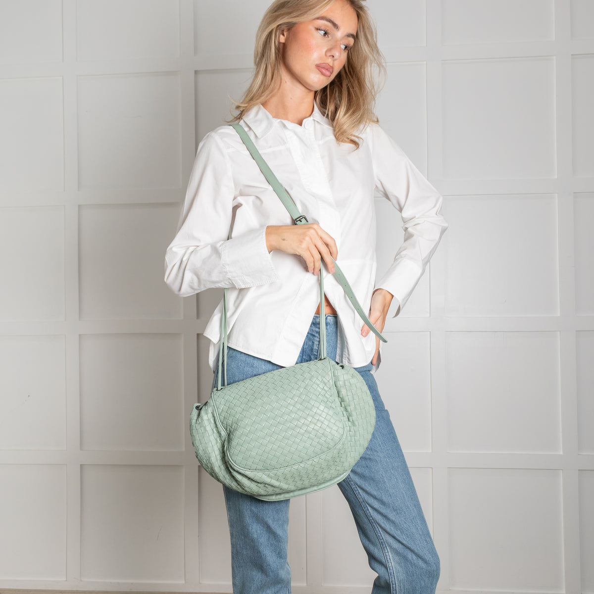 Bottega Veneta Mint Intrecciato Leather Drawstring Crossbody Bag