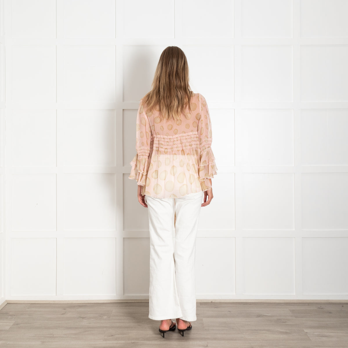 Red Valentino Pink Spotted Sheer Long Sleeve Top With Tie Neck