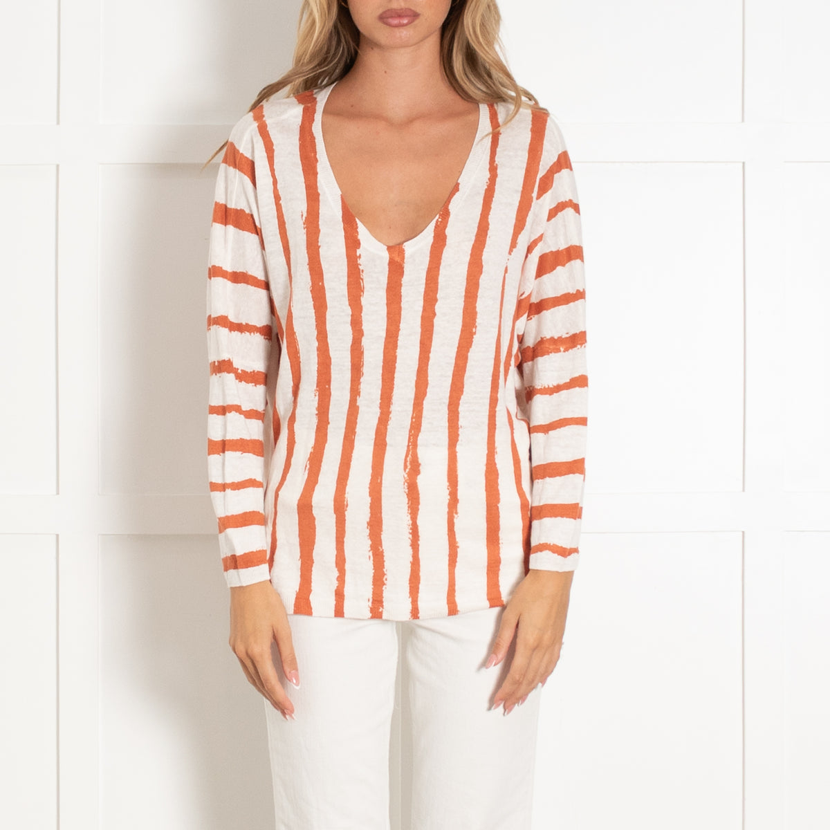 Not Shy Rust And Cream V Neck Oversized Linen Jumper