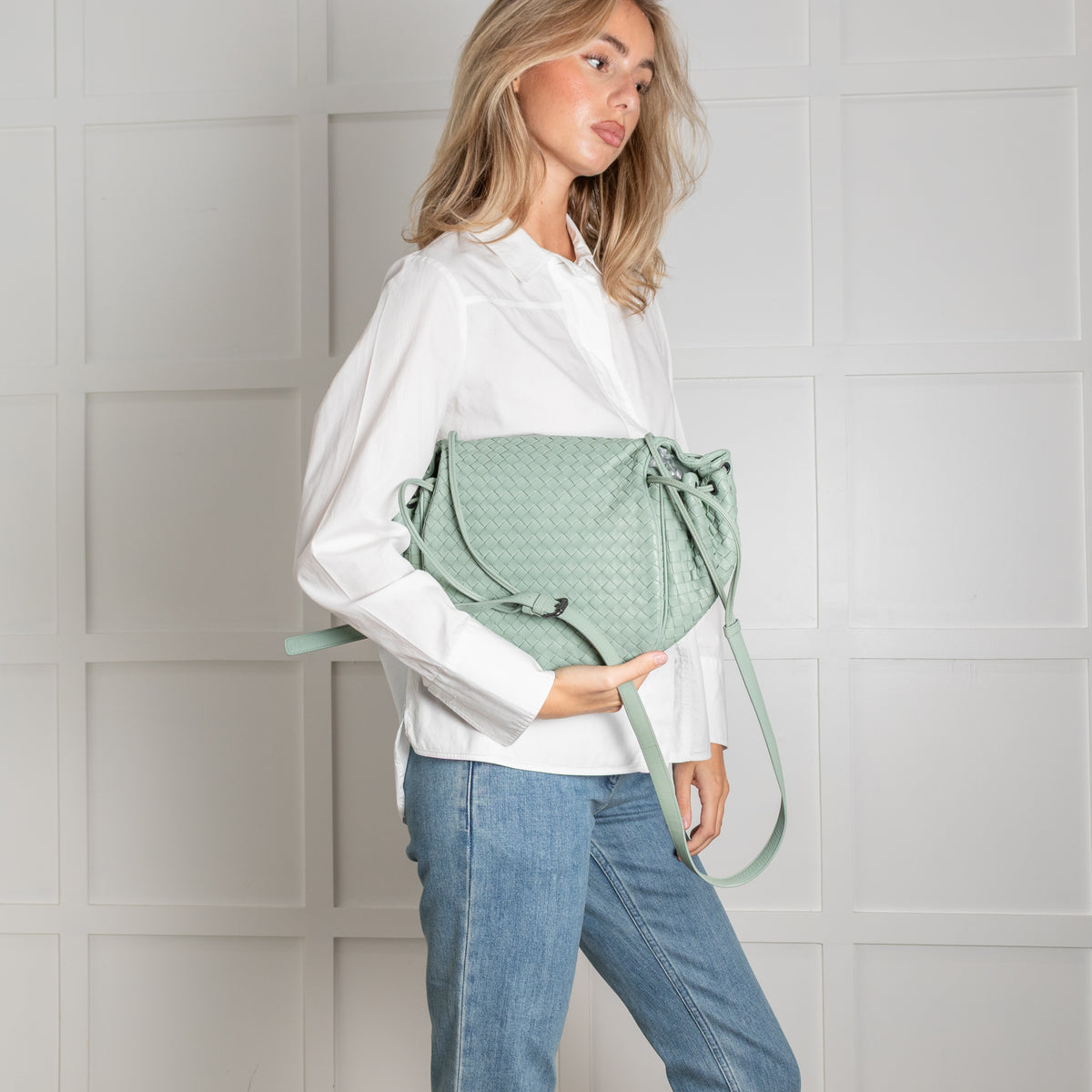 Bottega Veneta Mint Intrecciato Leather Drawstring Crossbody Bag