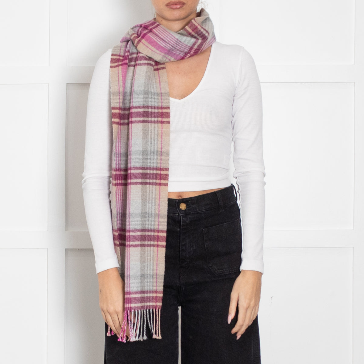 Mulberry Pink Heritage Check Wool Scarf