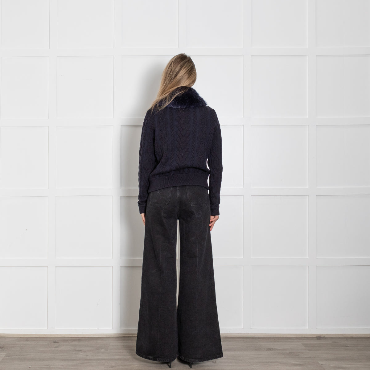 Tory Burch Navy Blue Cable Faux Fur Collar Zip Cardigan