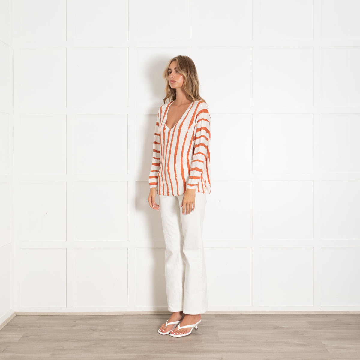 Not Shy Rust And Cream V Neck Oversized Linen Jumper