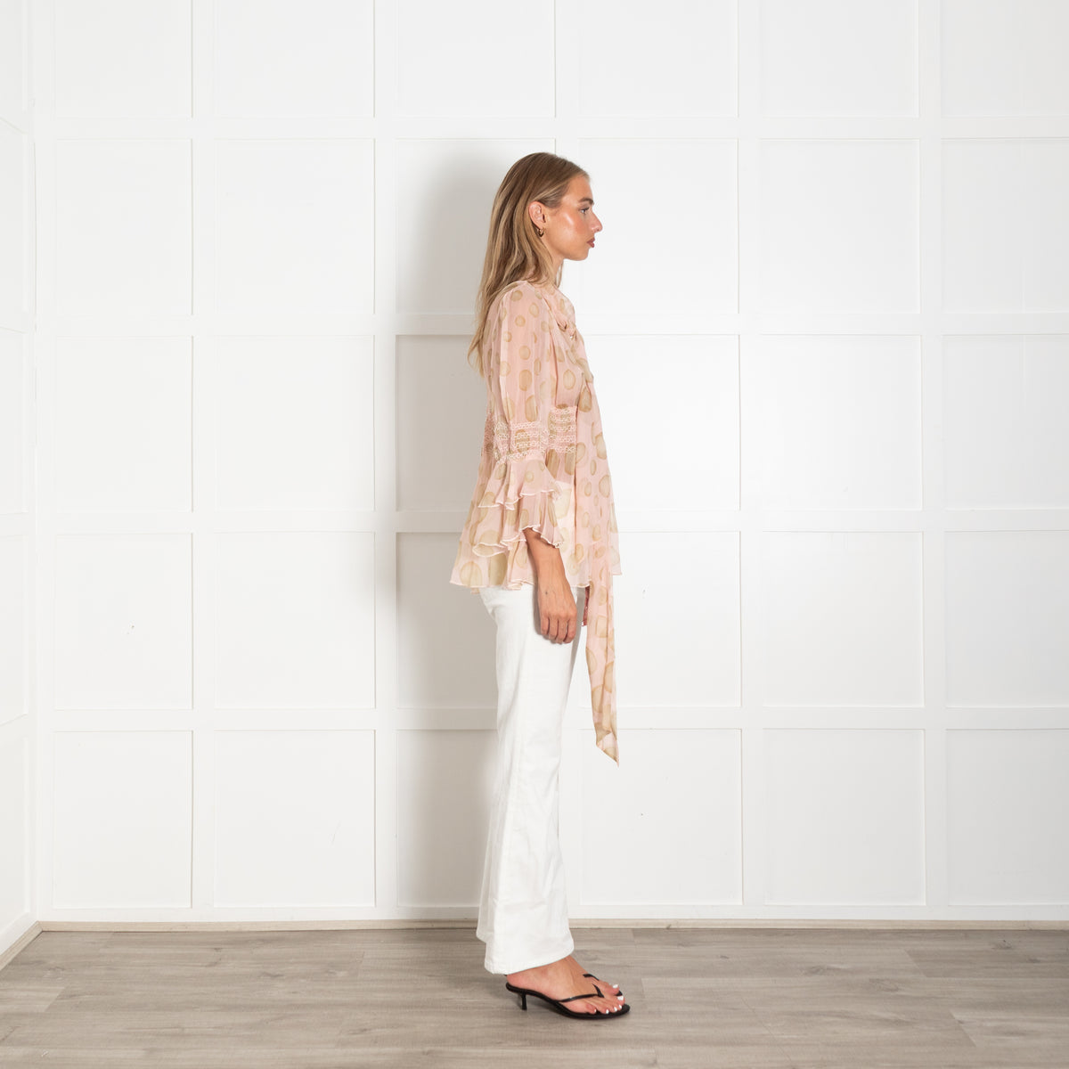Red Valentino Pink Spotted Sheer Long Sleeve Top With Tie Neck
