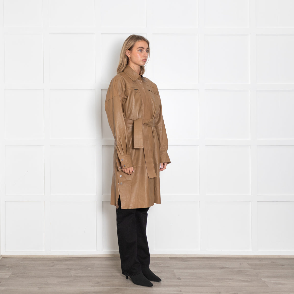 Remain Birger Christensen Tan Leather Shirt/Coat With Belt