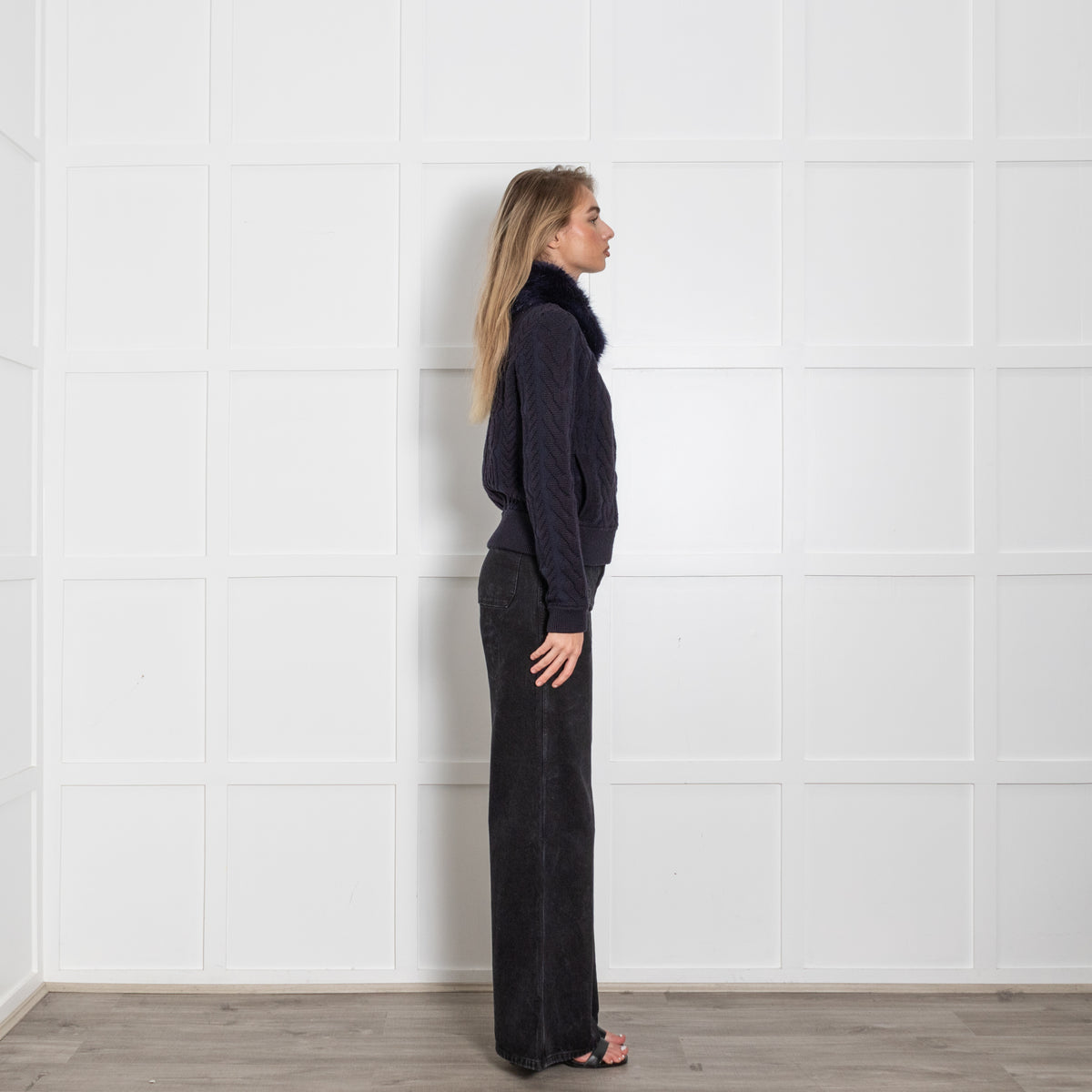 Tory Burch Navy Blue Cable Faux Fur Collar Zip Cardigan