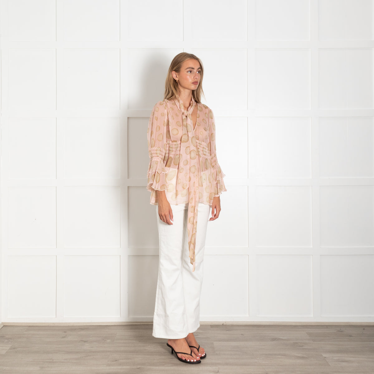 Red Valentino Pink Spotted Sheer Long Sleeve Top With Tie Neck
