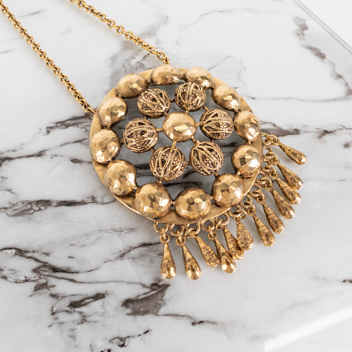 Saint Laurent Gold Tone Ball Flower Pendant Necklace