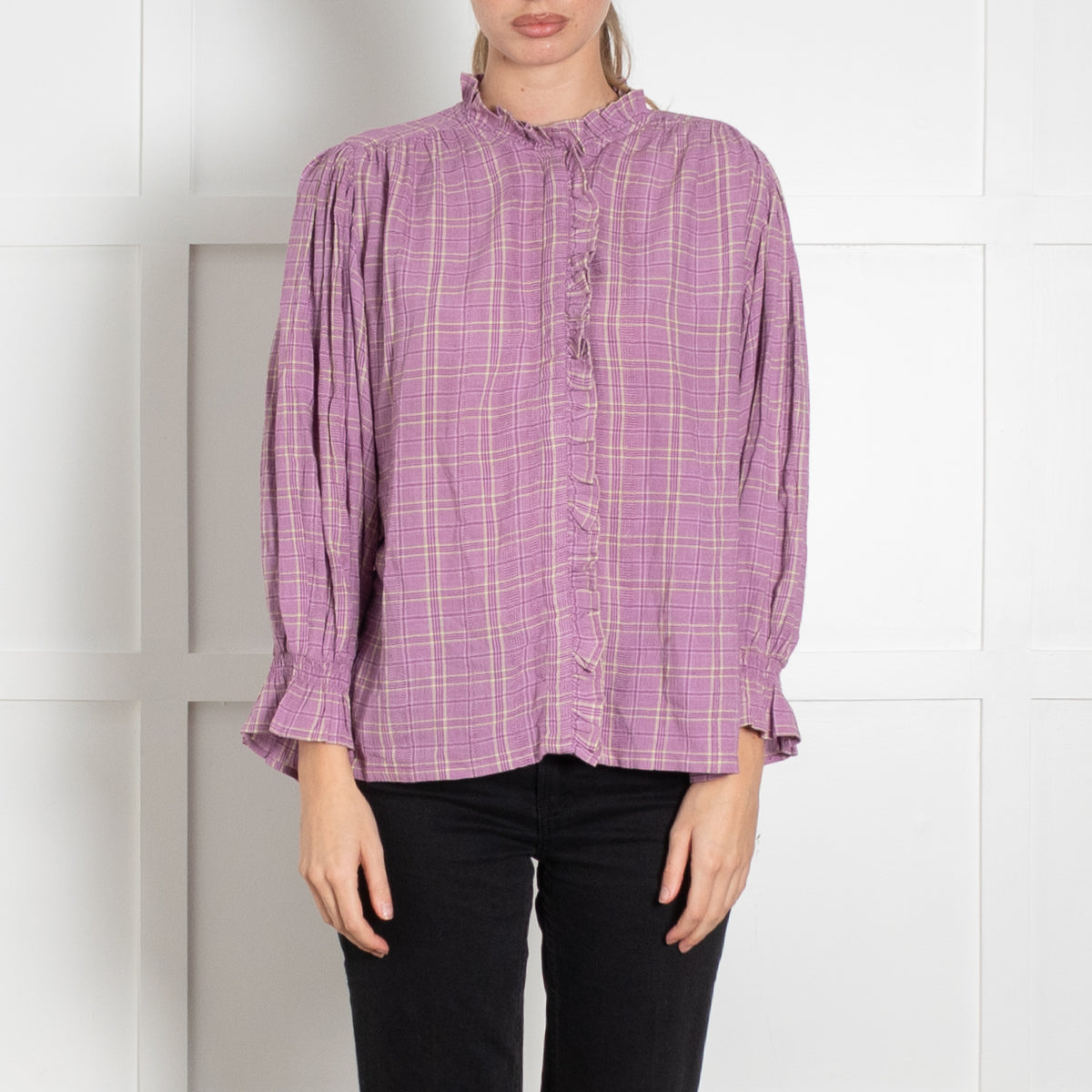 Iris Lilac beige Check Print Frill Trim Blouse
