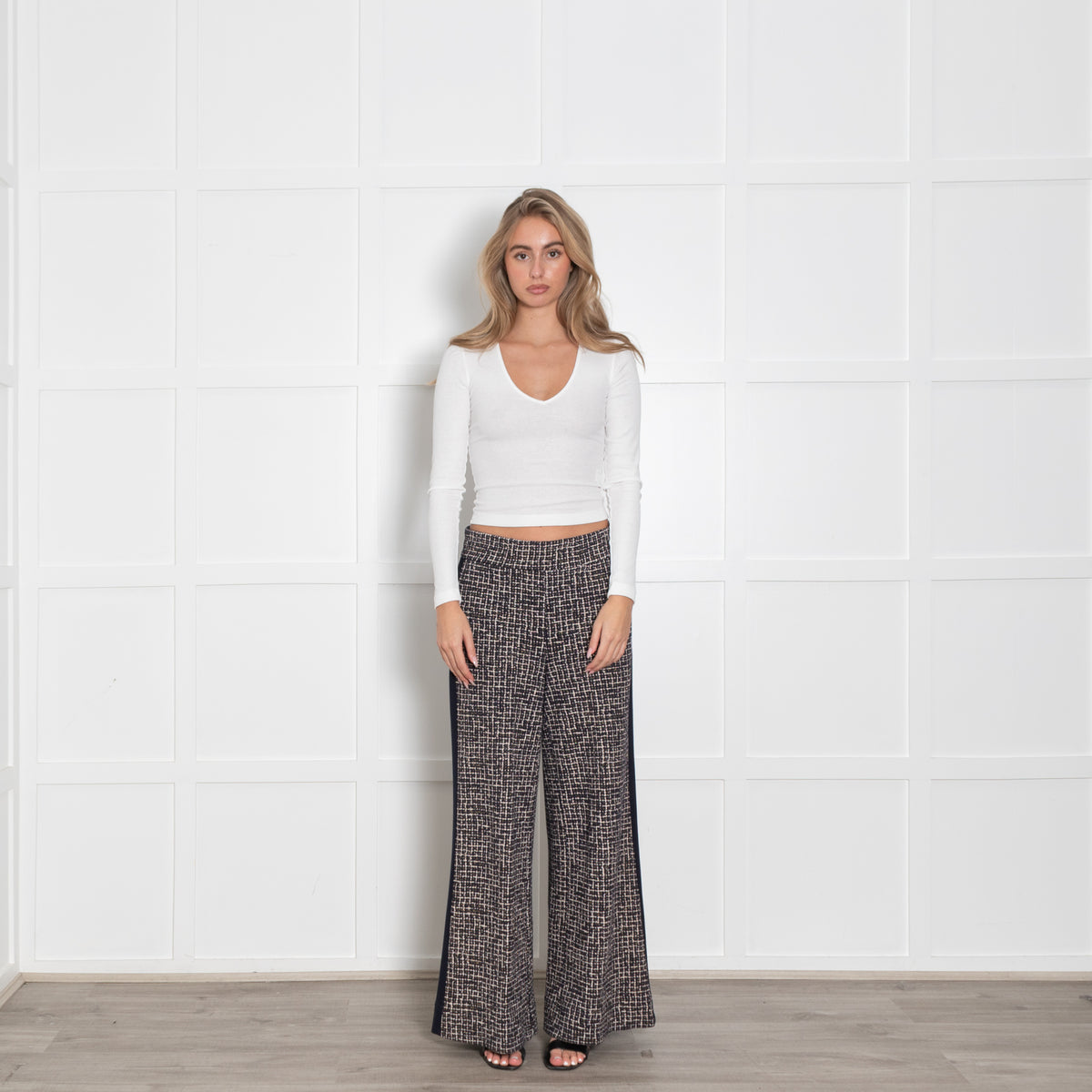 Me+Em Navy Cream Gold Lurex Tweedy Side Stripe Wide LegTrousers