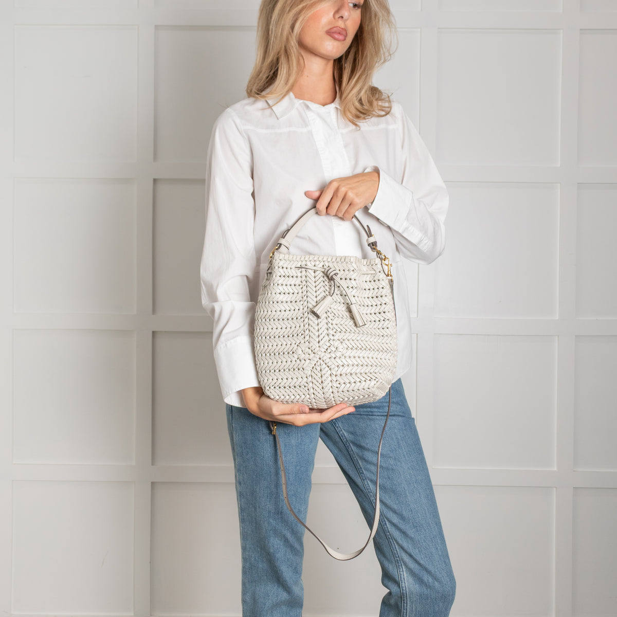 Anya Hindmarch White Woven Leather The Neeson Drawstring Small Bucket Bag