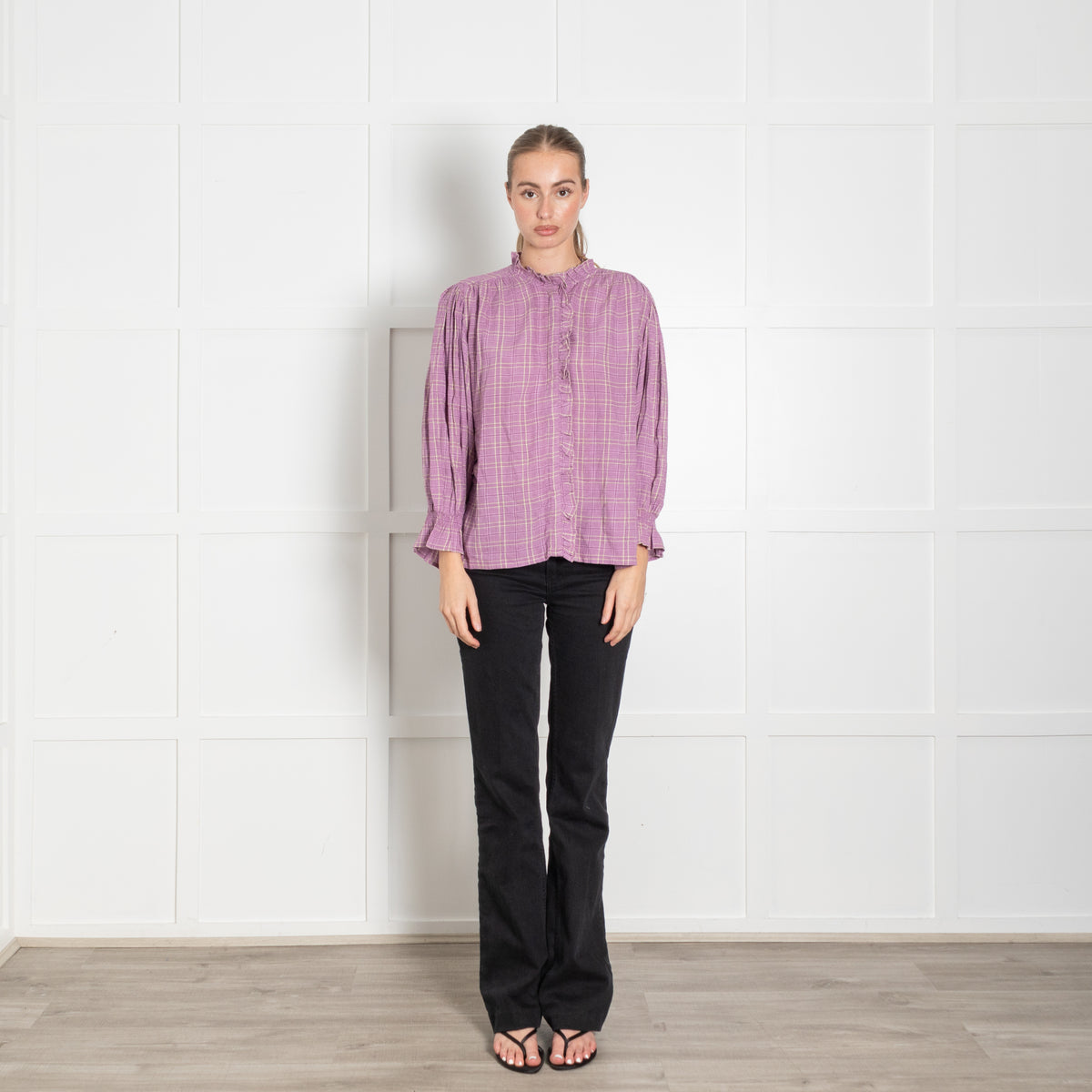 Iris Lilac beige Check Print Frill Trim Blouse