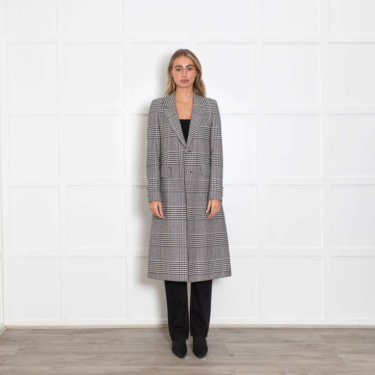 Each Other Black and White Houndstooth Wool Coat with Back Motif