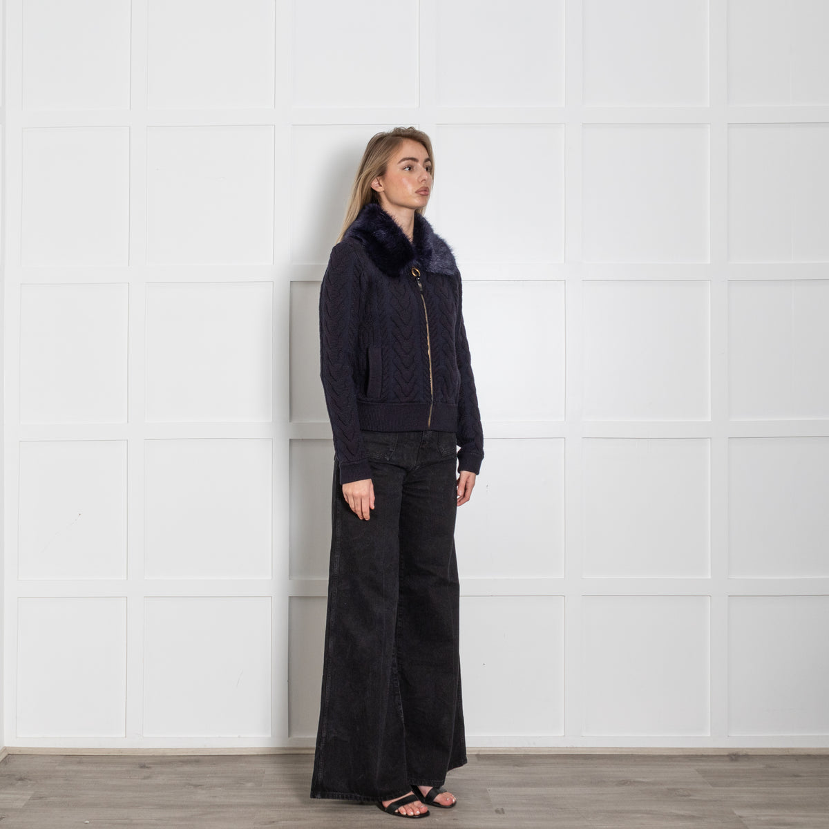 Tory Burch Navy Blue Cable Faux Fur Collar Zip Cardigan