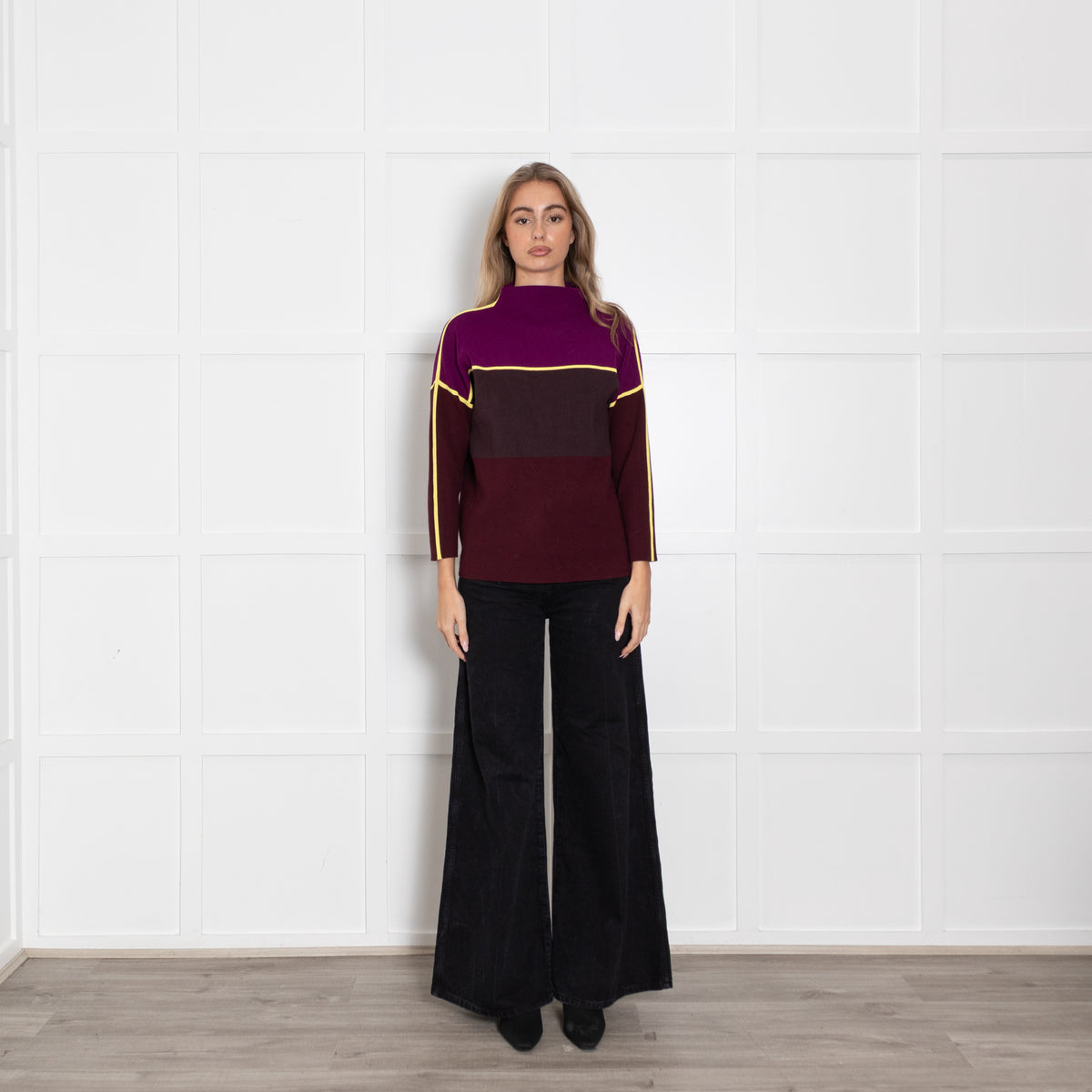 Victoria Victoria Beckham Purple & Yellow Colour Block Funnel Neck Jumper