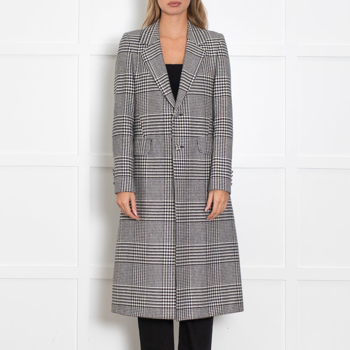 Each Other Black and White Houndstooth Wool Coat with Back Motif