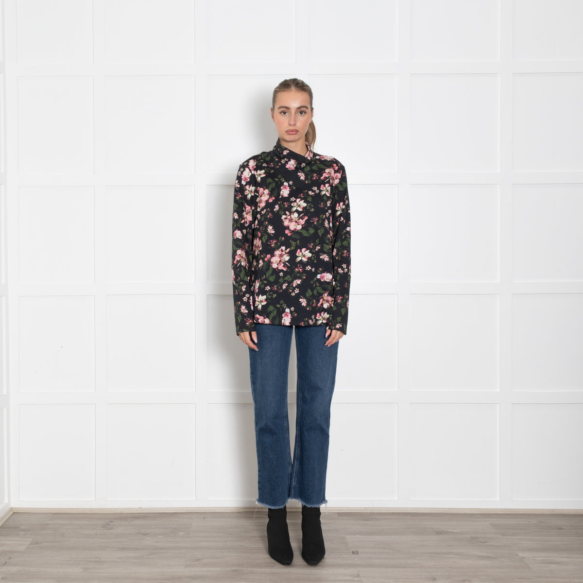 Erdem Black Pink Floral Cotton Long Sleeve Top
