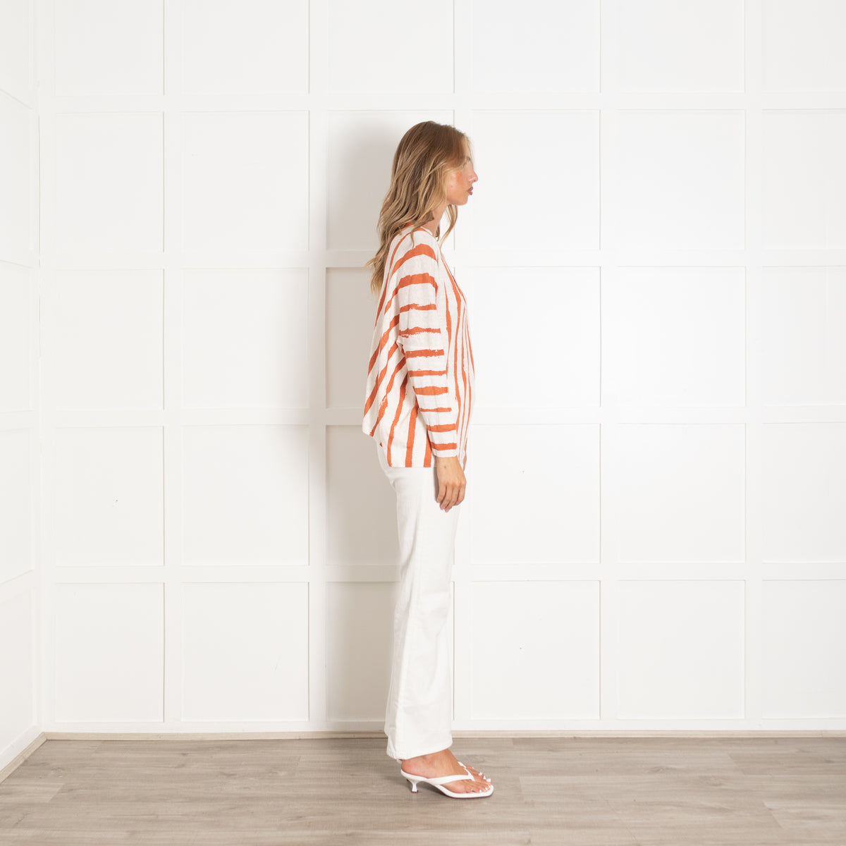 Not Shy Rust And Cream V Neck Oversized Linen Jumper