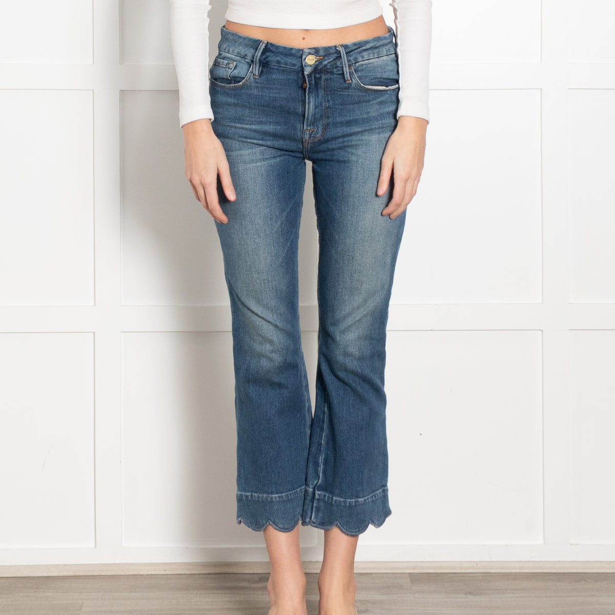 Frame Blue Denim Scallop Trim Cropped Jeans