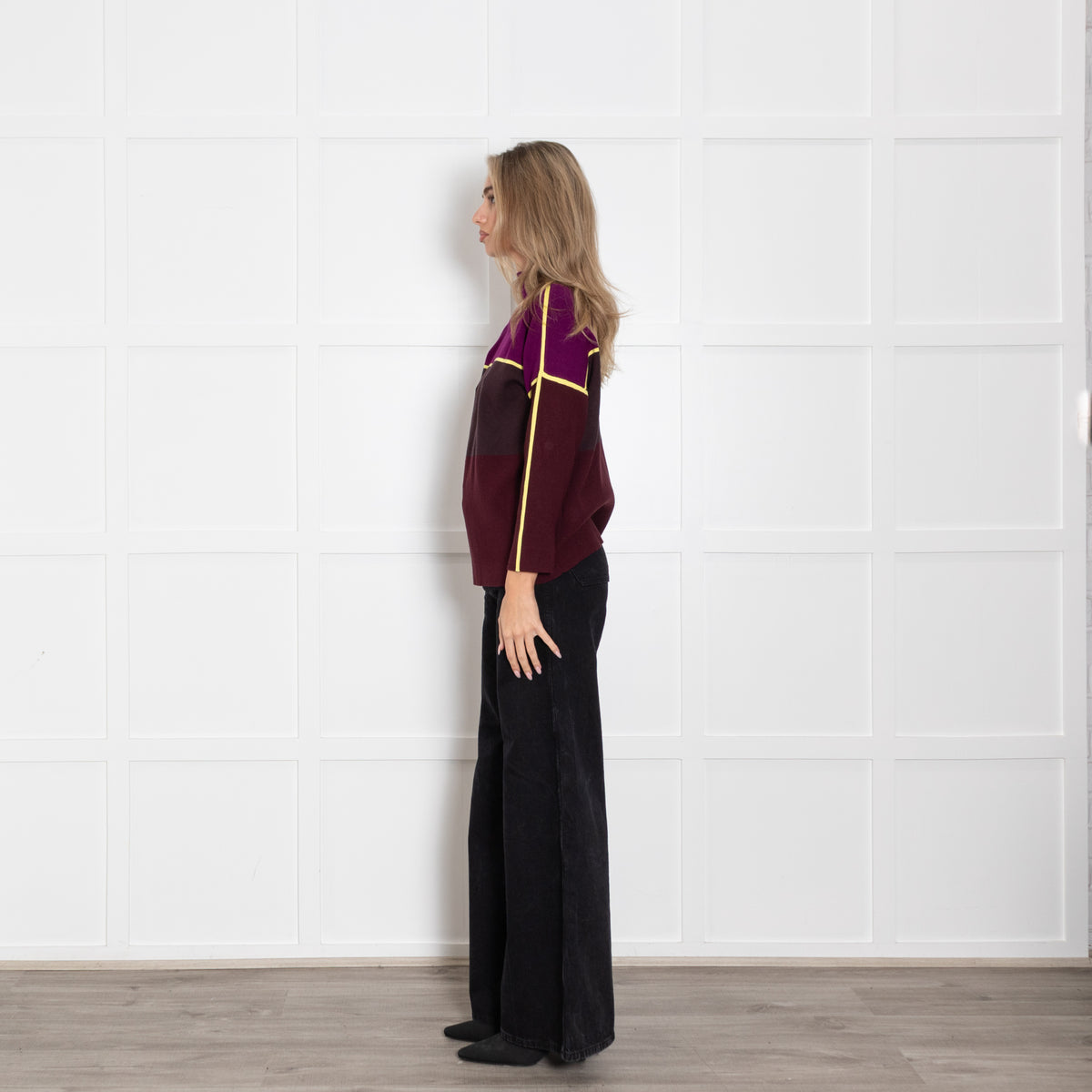 Victoria Victoria Beckham Purple & Yellow Colour Block Funnel Neck Jumper