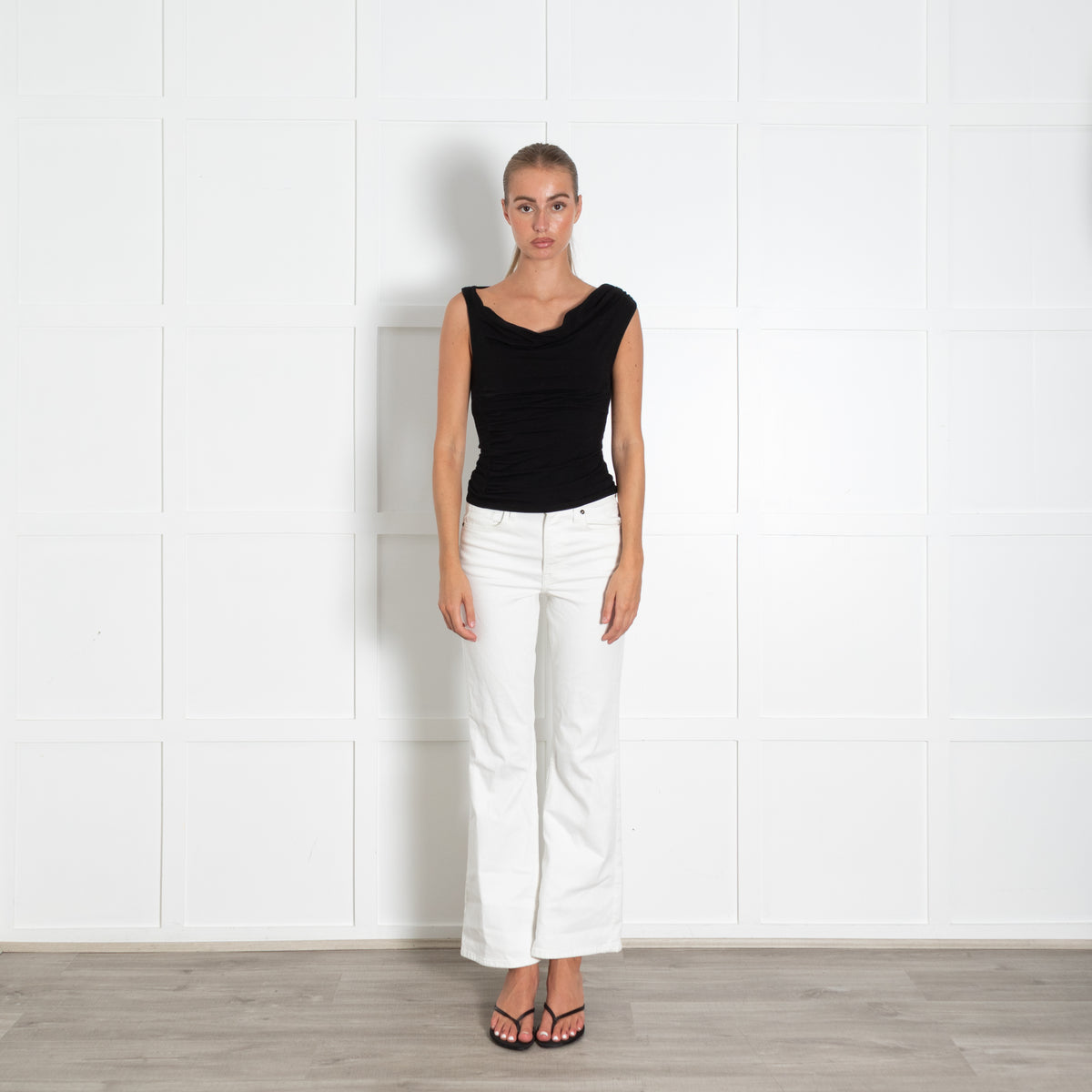 Reformation Black Cowl Neck Sleeveless Top With Assymetric Ruching