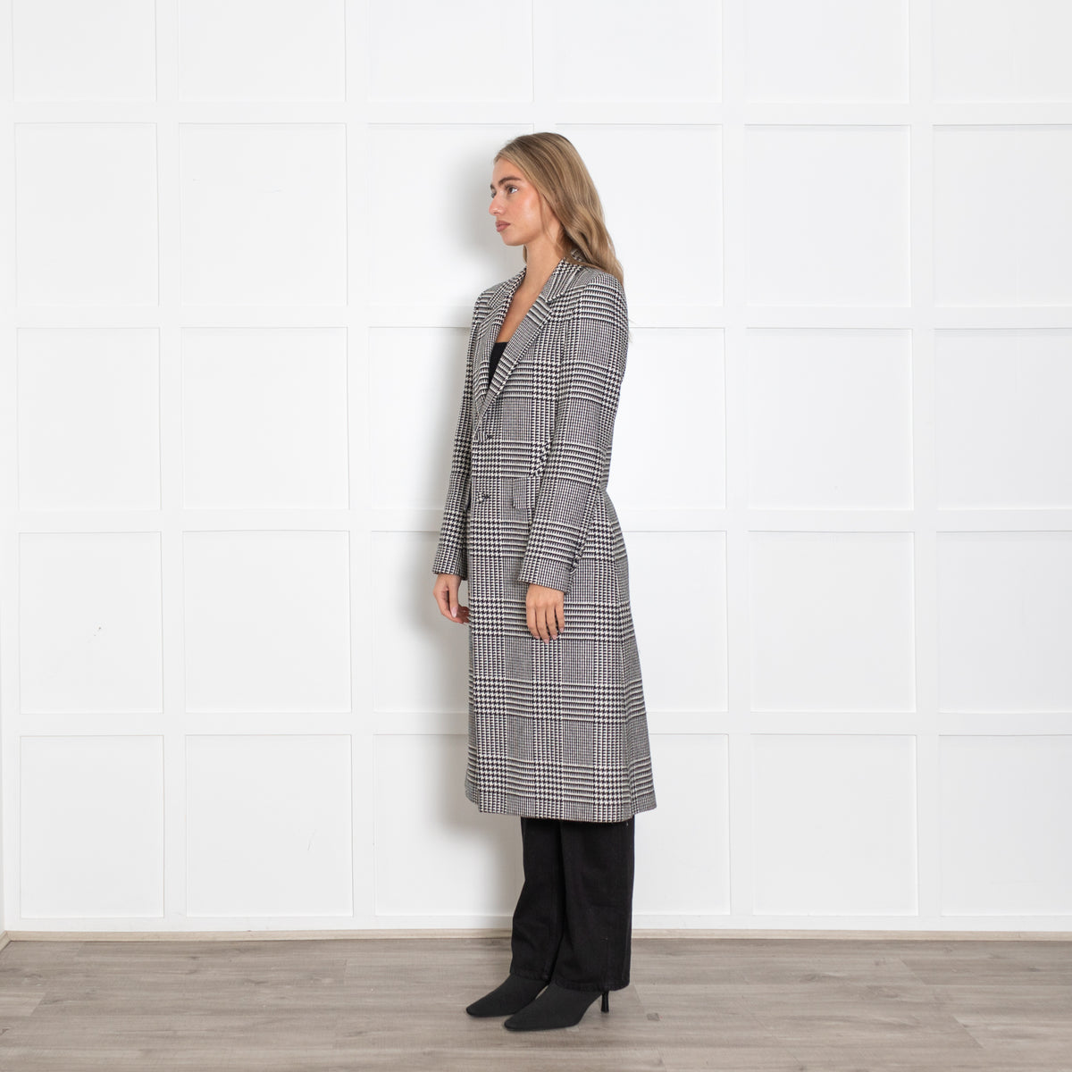 Each Other Black and White Houndstooth Wool Coat with Back Motif