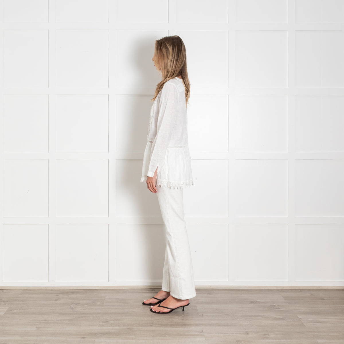 120% Lino White Linen Lace Trim Long Sleeve Top