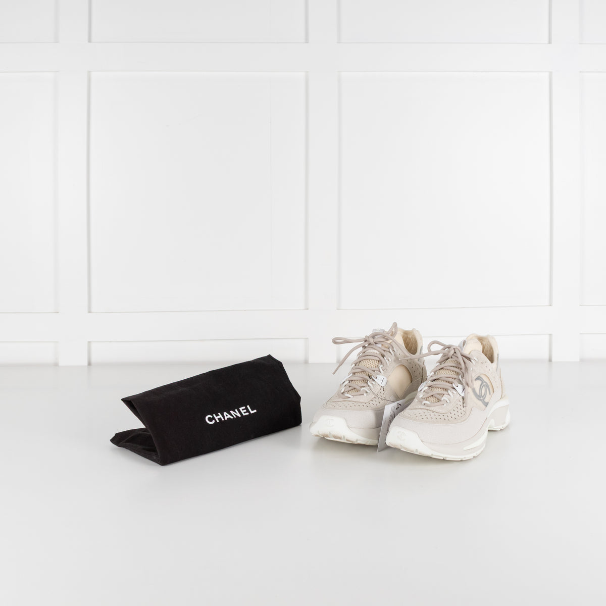 Chanel Beige Perforated Mesh Design With CC Suede Trainers