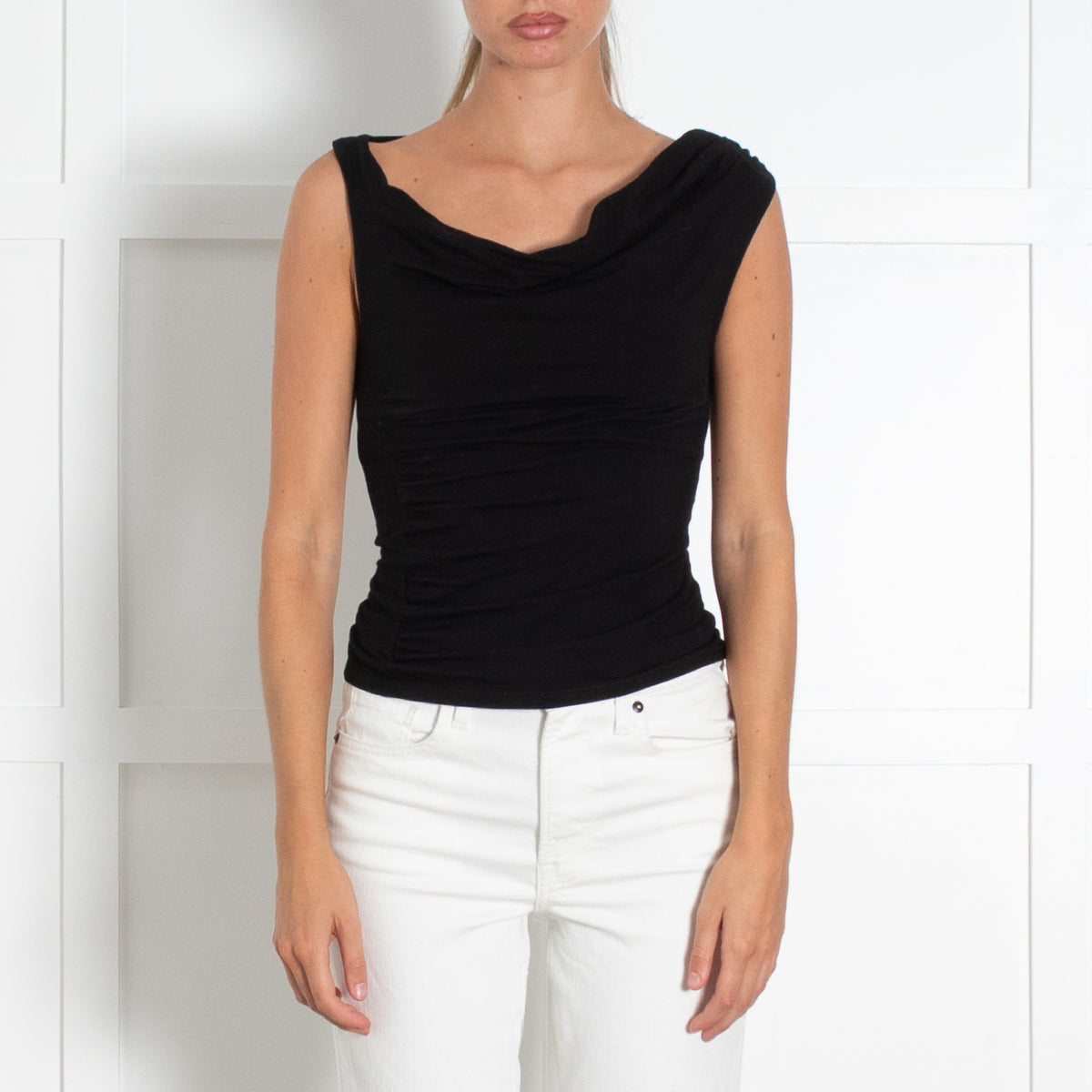 Reformation Black Cowl Neck Sleeveless Top With Assymetric Ruching
