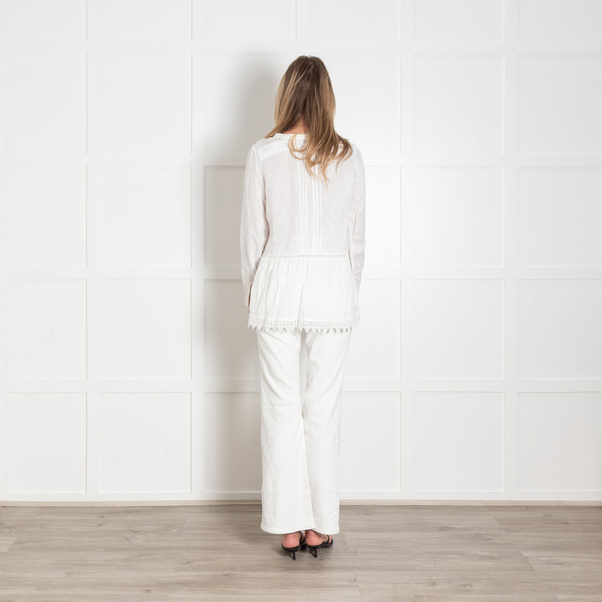 120% Lino White Linen Lace Trim Long Sleeve Top