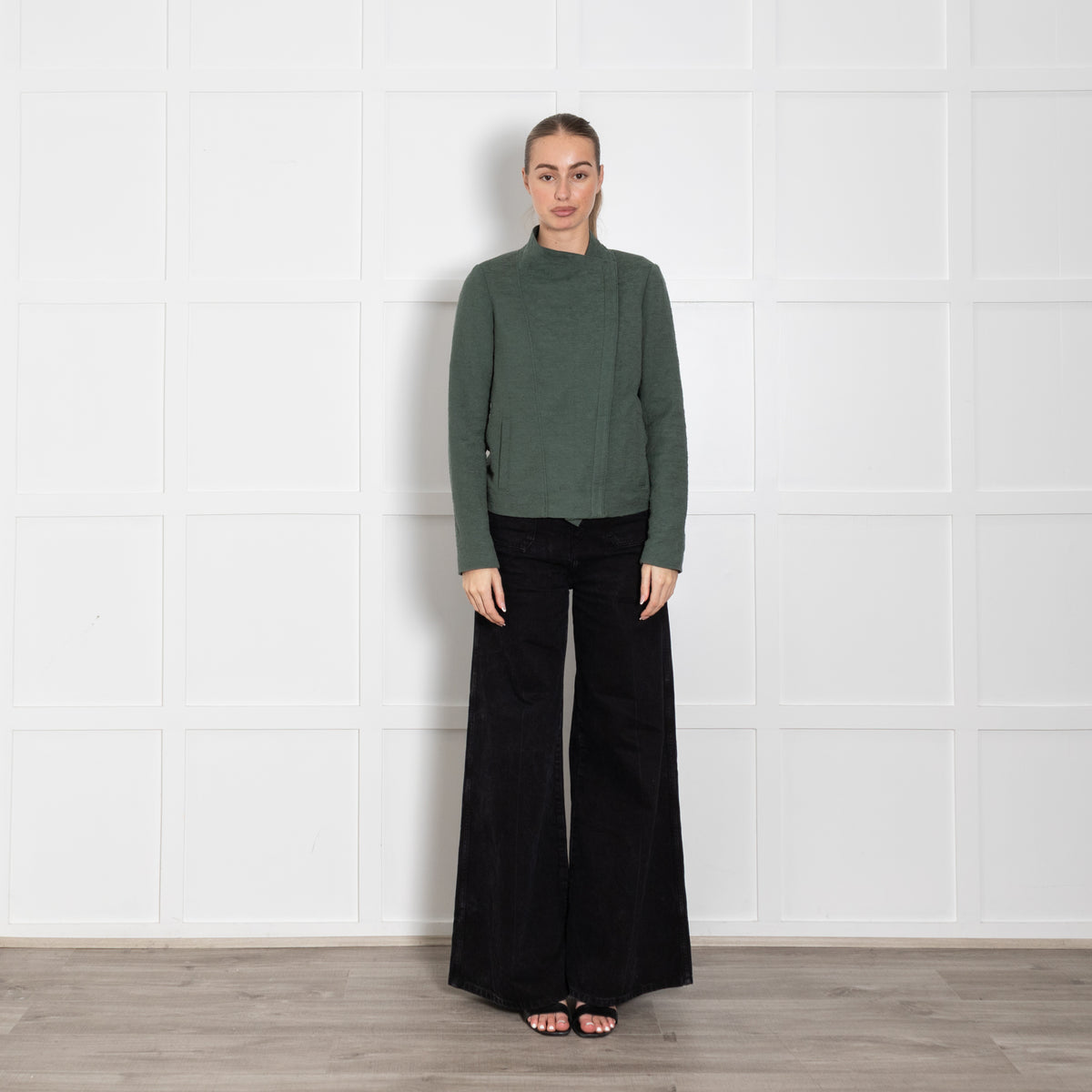 Vince Khaki Green Textured Cotton Blend Zip front Jacket