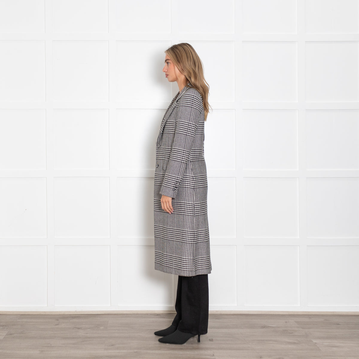 Each Other Black and White Houndstooth Wool Coat with Back Motif