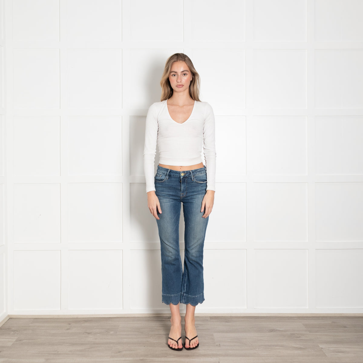 Frame Blue Denim Scallop Trim Cropped Jeans
