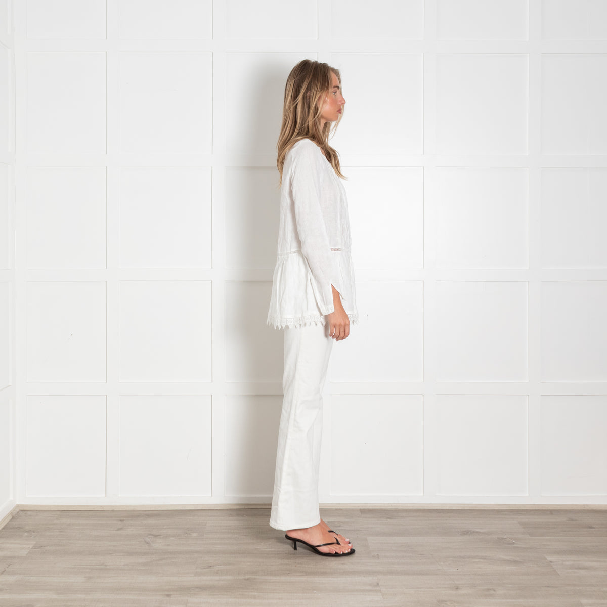 120% Lino White Linen Lace Trim Long Sleeve Top