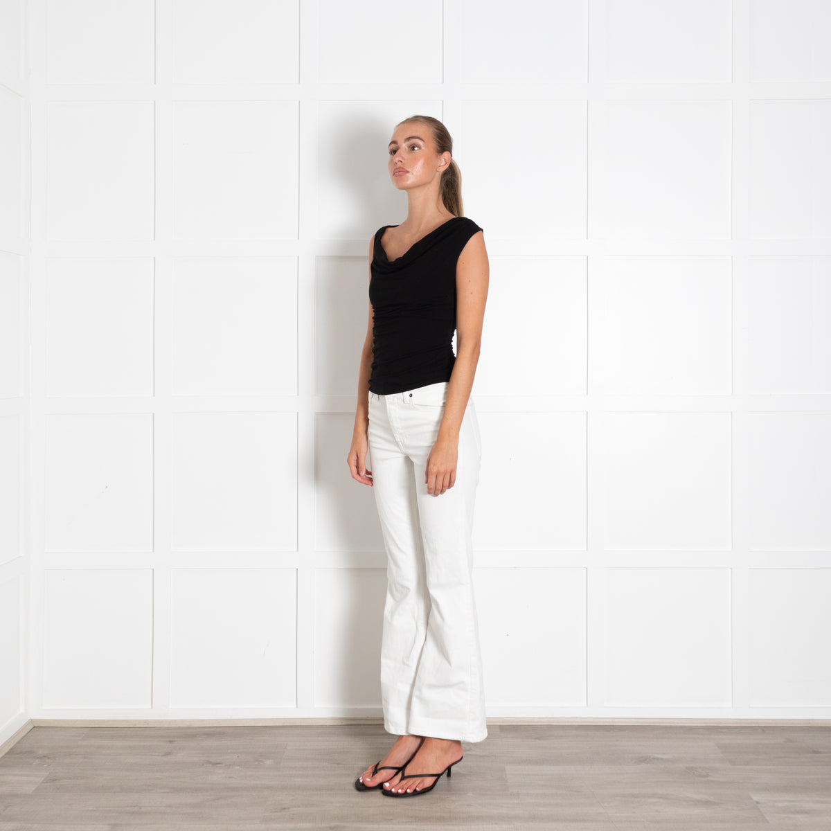 Reformation Black Cowl Neck Sleeveless Top With Assymetric Ruching
