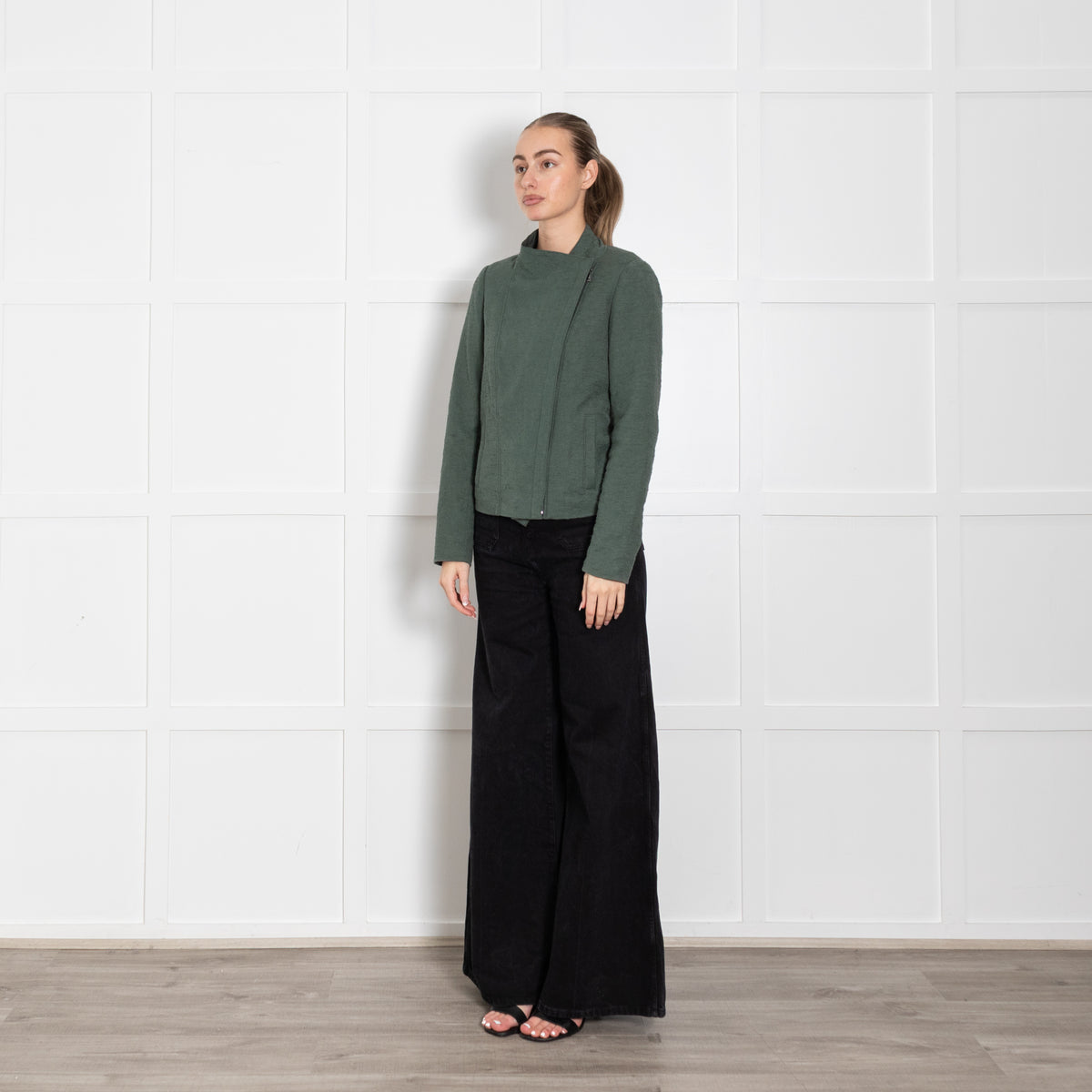 Vince Khaki Green Textured Cotton Blend Zip front Jacket