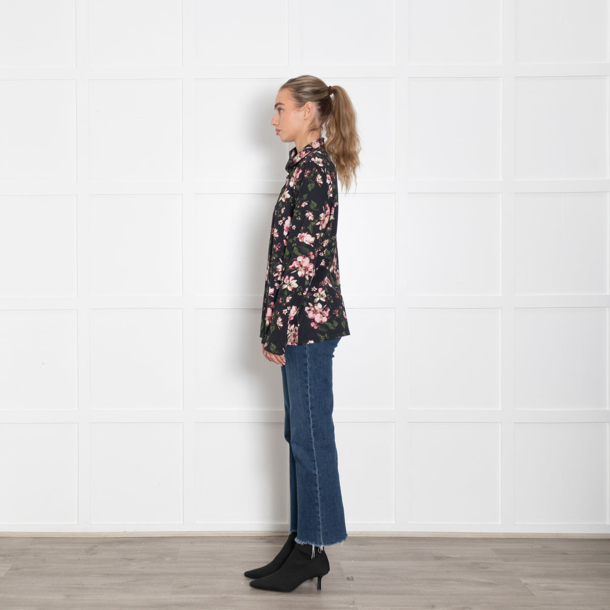 Erdem Black Pink Floral Cotton Long Sleeve Top