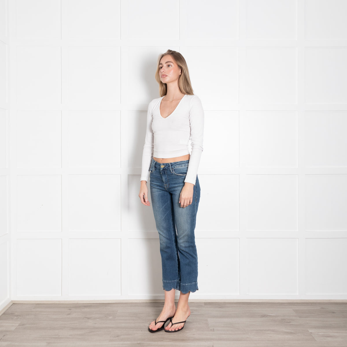 Frame Blue Denim Scallop Trim Cropped Jeans