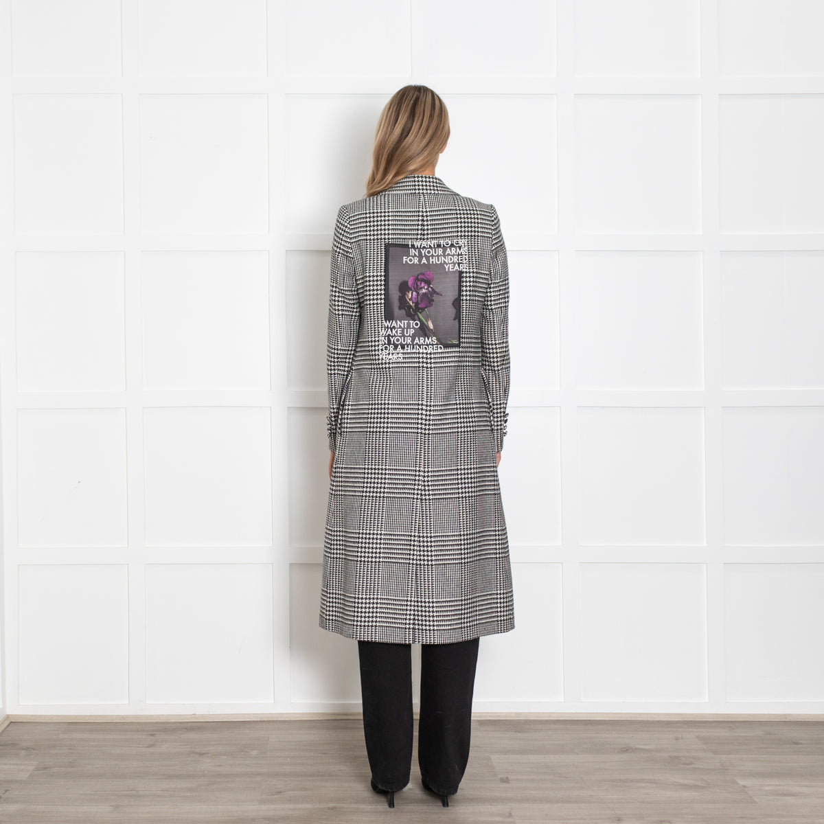Each Other Black and White Houndstooth Wool Coat with Back Motif