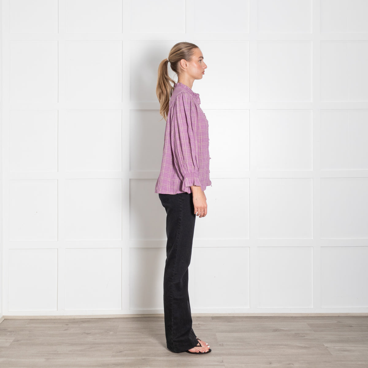 Iris Lilac beige Check Print Frill Trim Blouse