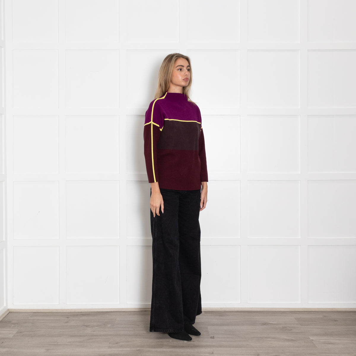 Victoria Victoria Beckham Purple & Yellow Colour Block Funnel Neck Jumper
