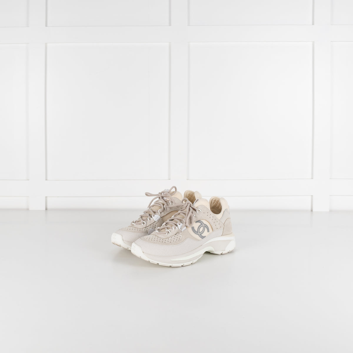 Chanel Beige Perforated Mesh Design With CC Suede Trainers