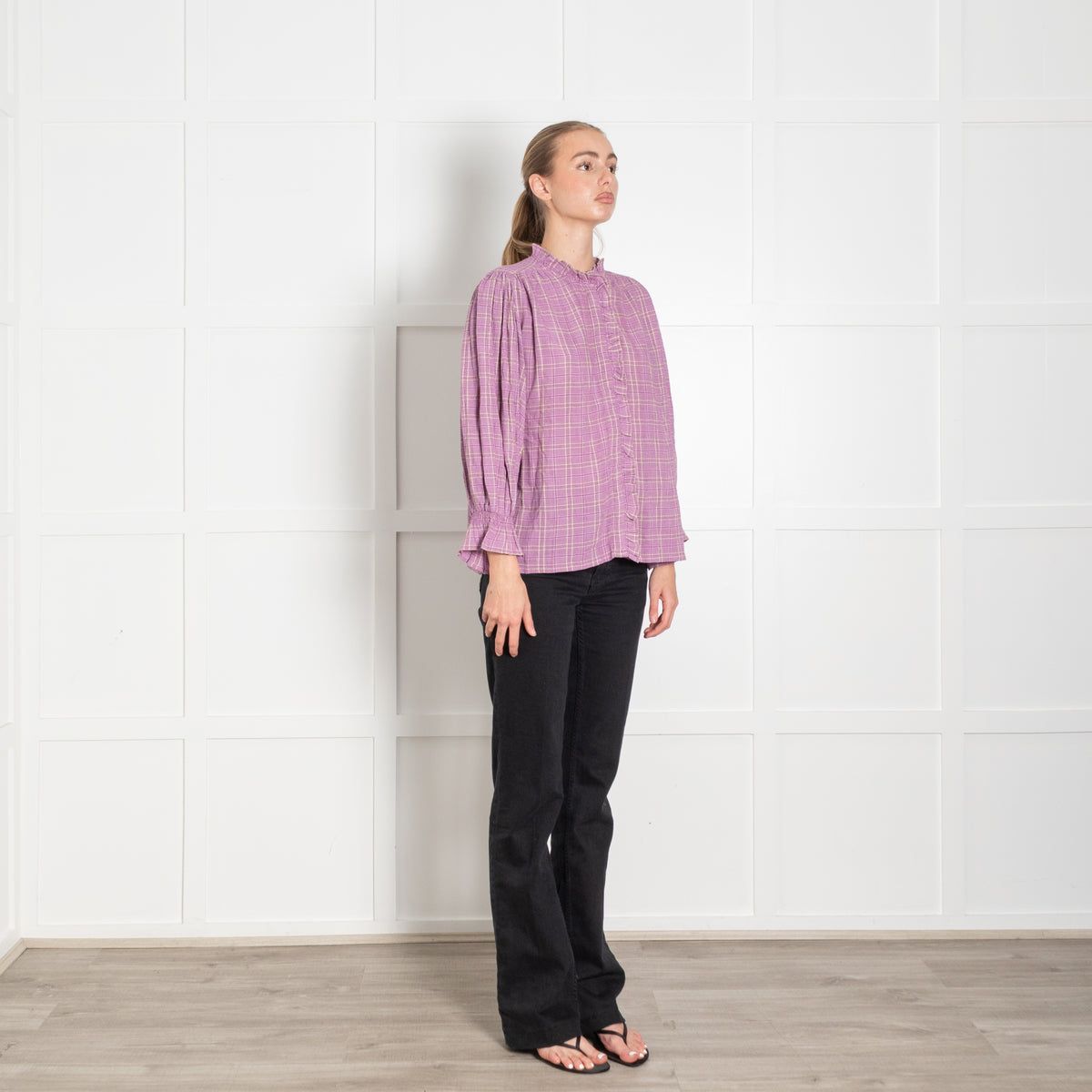 Iris Lilac beige Check Print Frill Trim Blouse