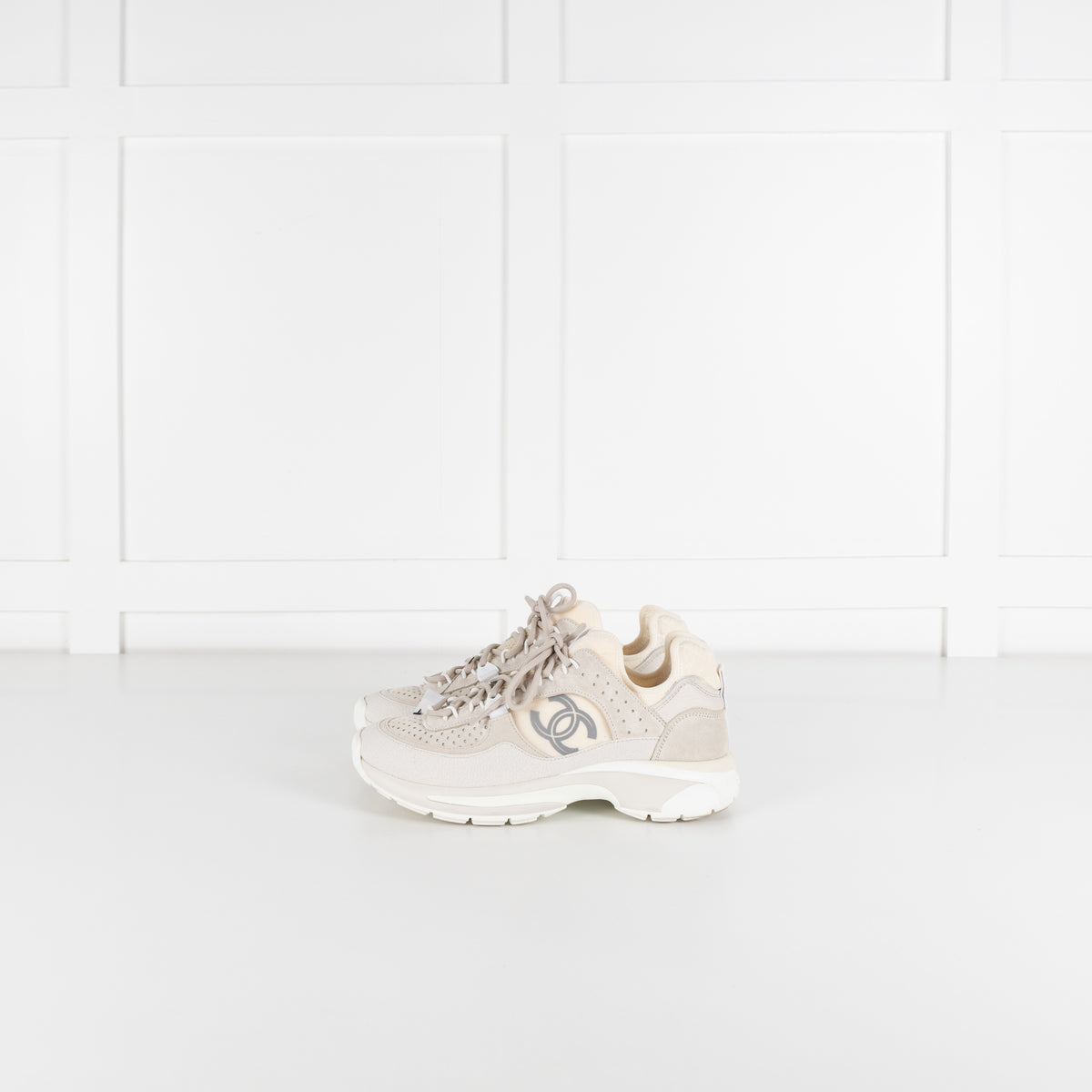 Chanel Beige Perforated Mesh Design With CC Suede Trainers