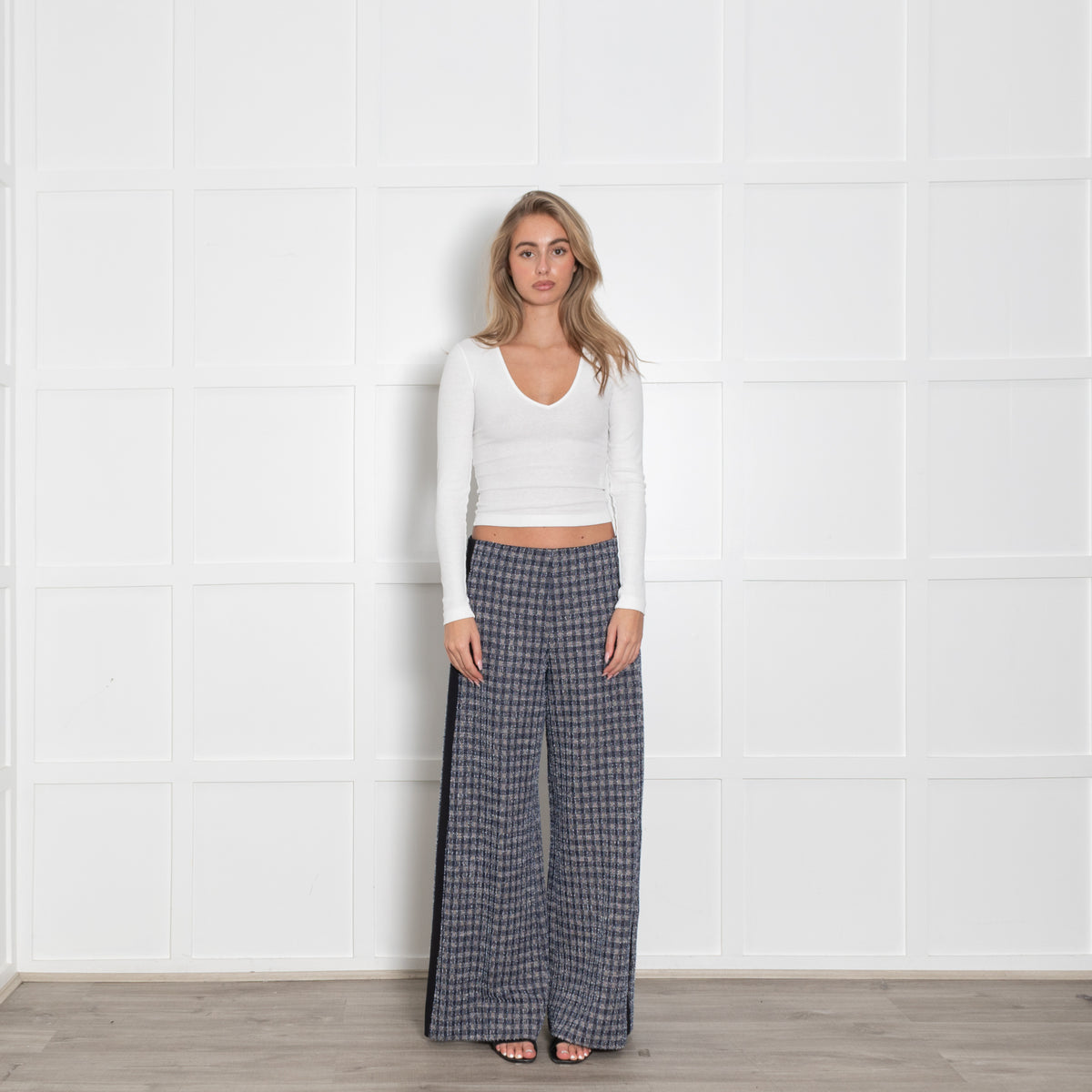 Me+Em Blue Beige Silver Lurex Tweedy Side Stripe Wide Leg Trousers