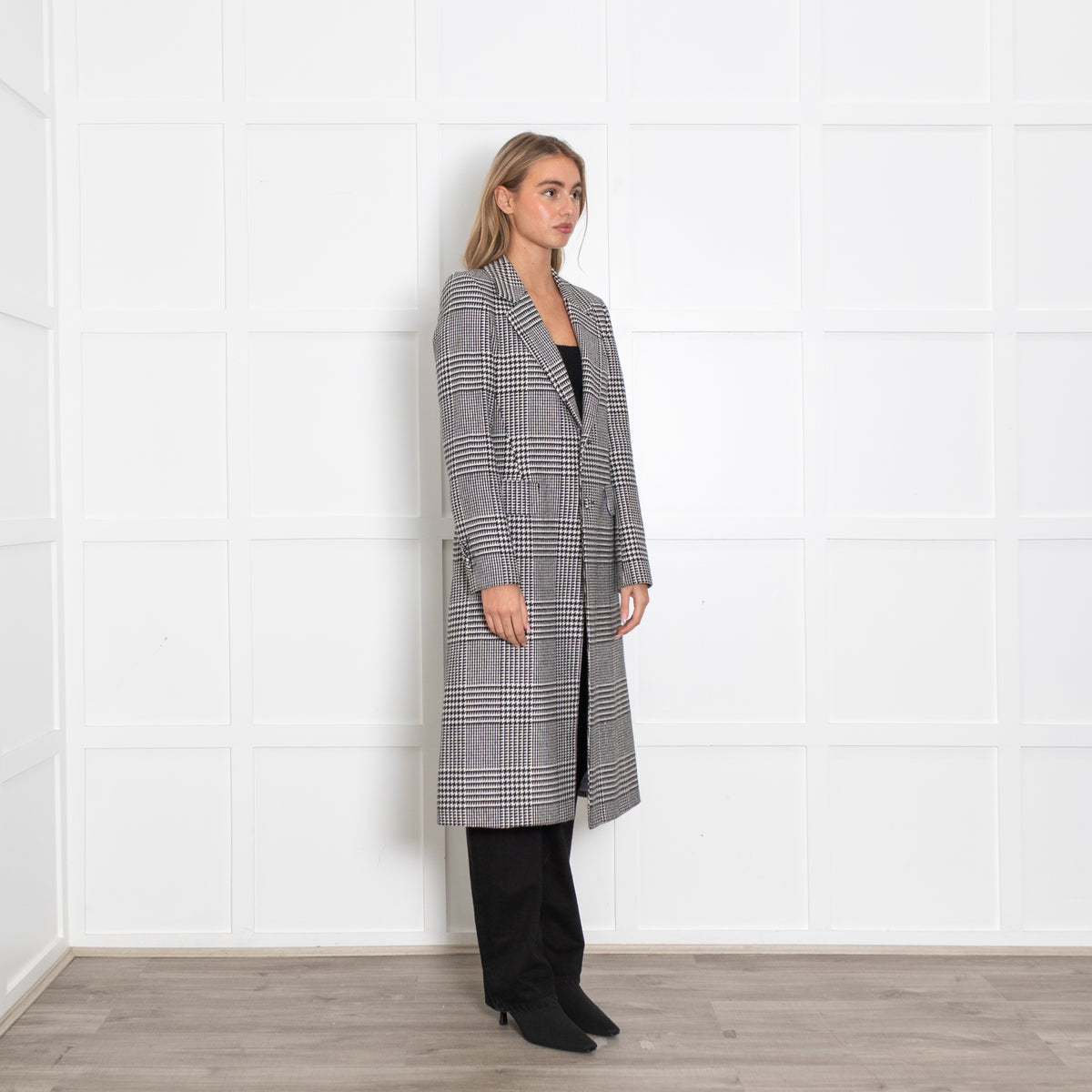 Each Other Black and White Houndstooth Wool Coat with Back Motif