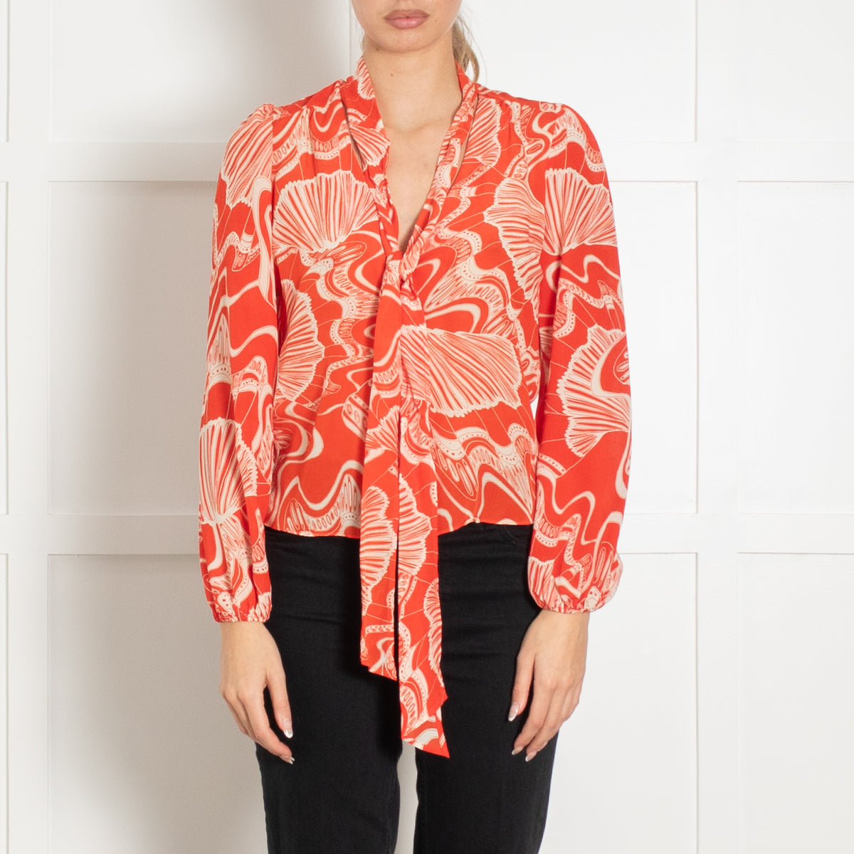 Rixo Orange Cream Pussy Bow Silk Blouse
