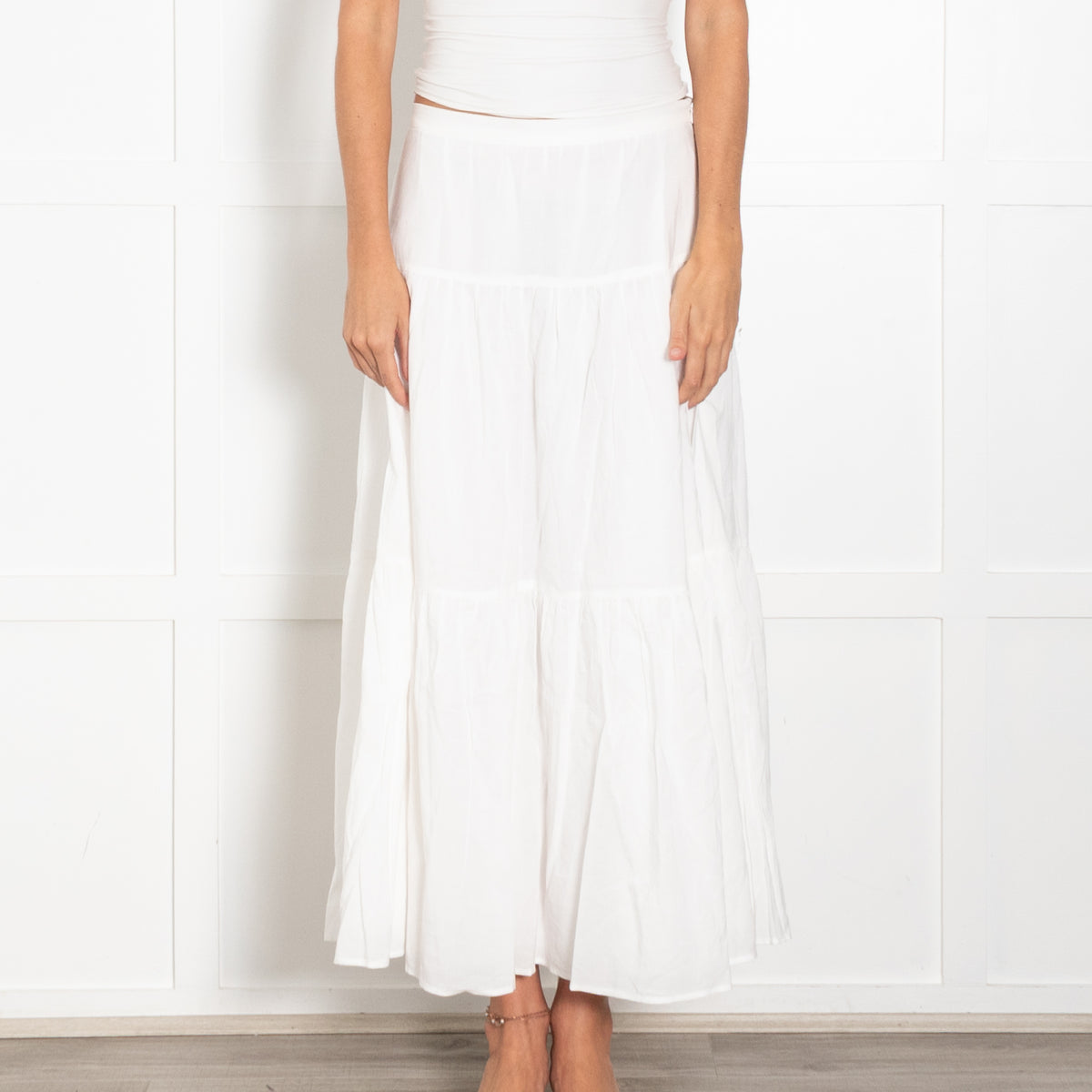 Reformation White Tiered Midi Skirt