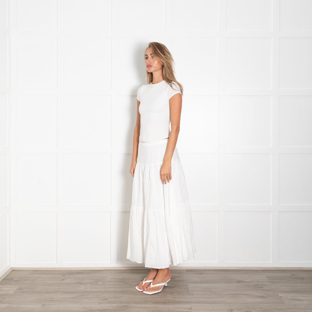 Reformation White Tiered Midi Skirt