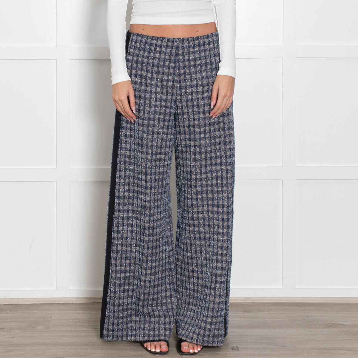 Me+Em Blue Beige Silver Lurex Tweedy Side Stripe Wide Leg Trousers